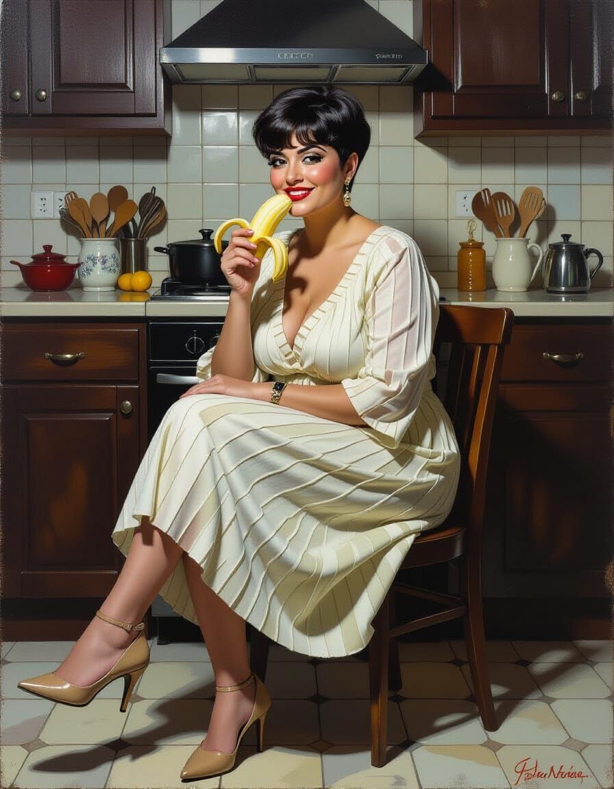 Egyptian Woman Eating Banana in Dark Kitchen
