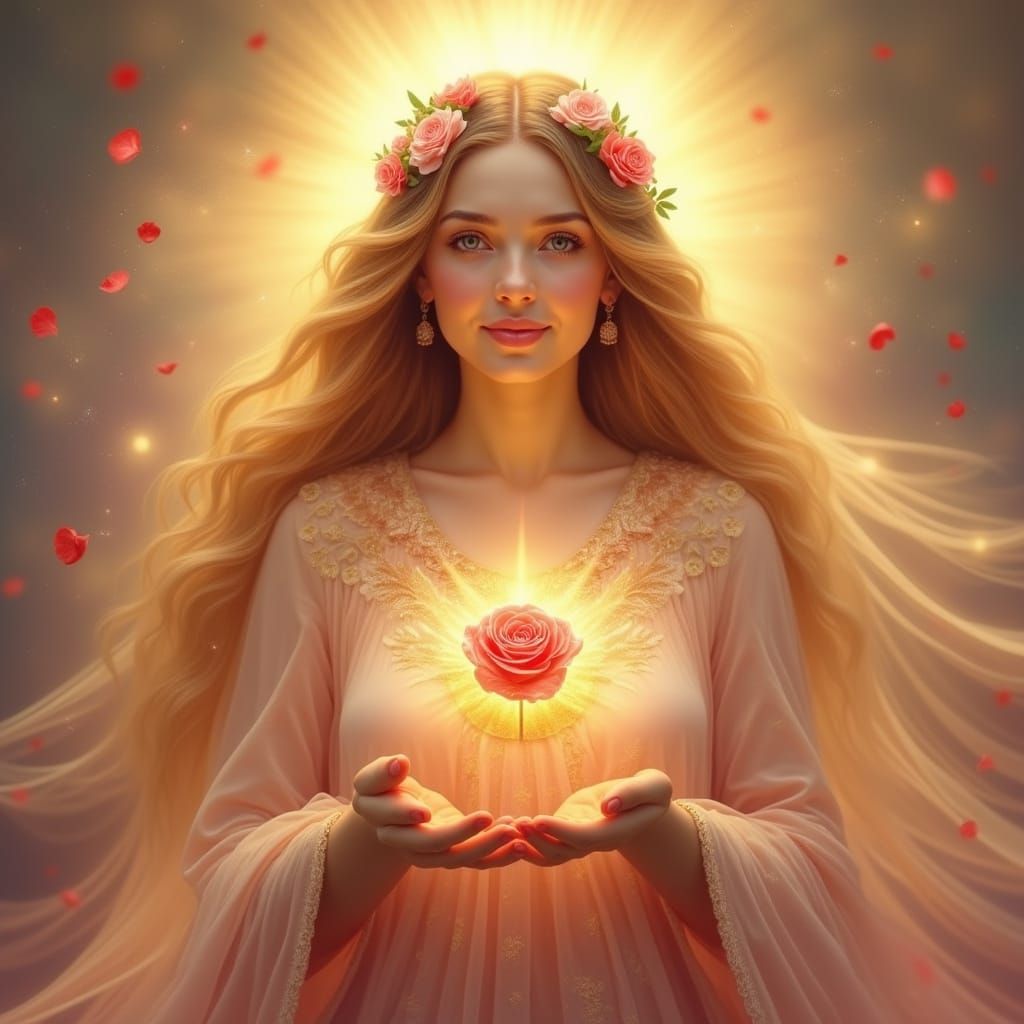 Divine Ascended Master Woman in Radiant Ruby and Gold Robes