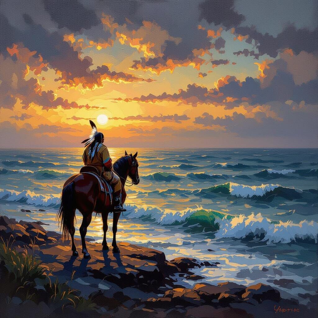Impressionist Chief and Horse Contemplate Turbulent Sea