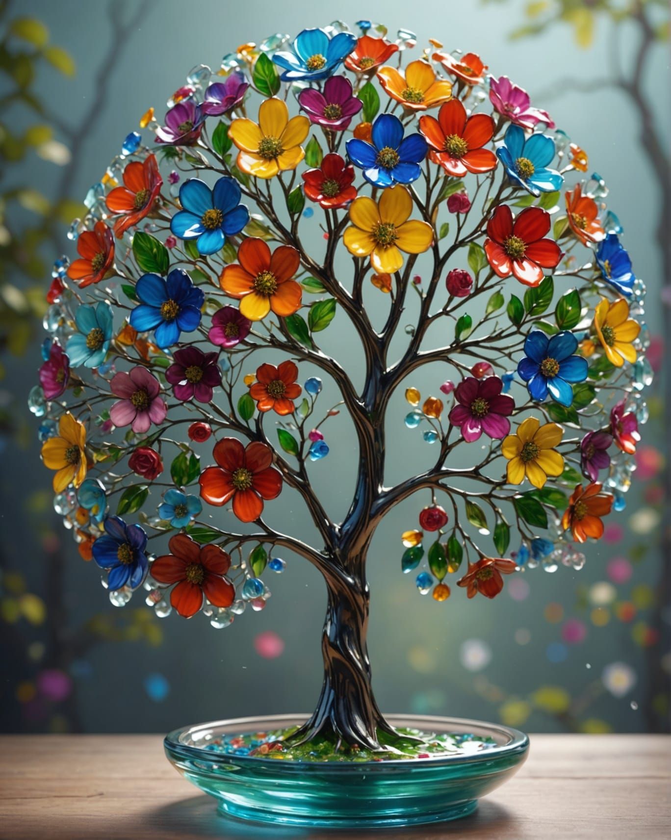 Glass Tree with Brightly Colored Flowers in 8k