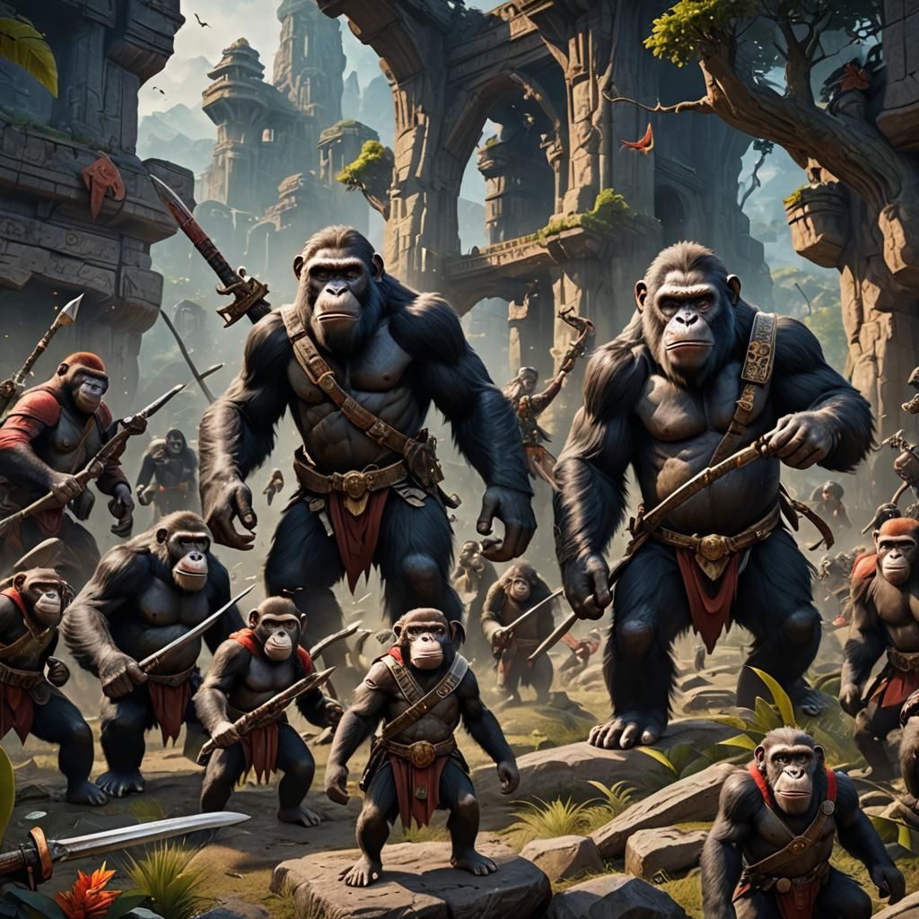 Ape Family Prepares for War: Detailed Matte Painting