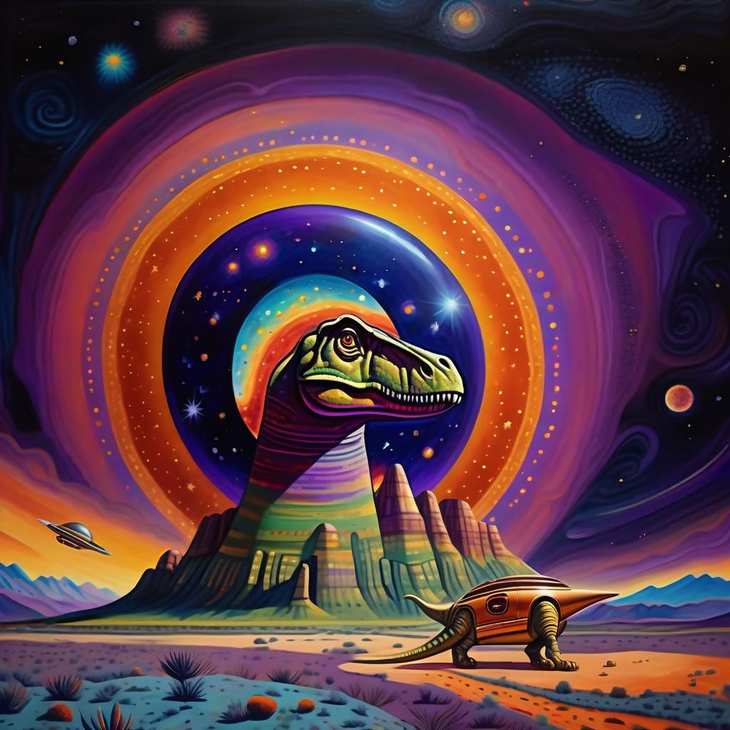 Dinosaur and Spaceship in Surreal Oil Painting