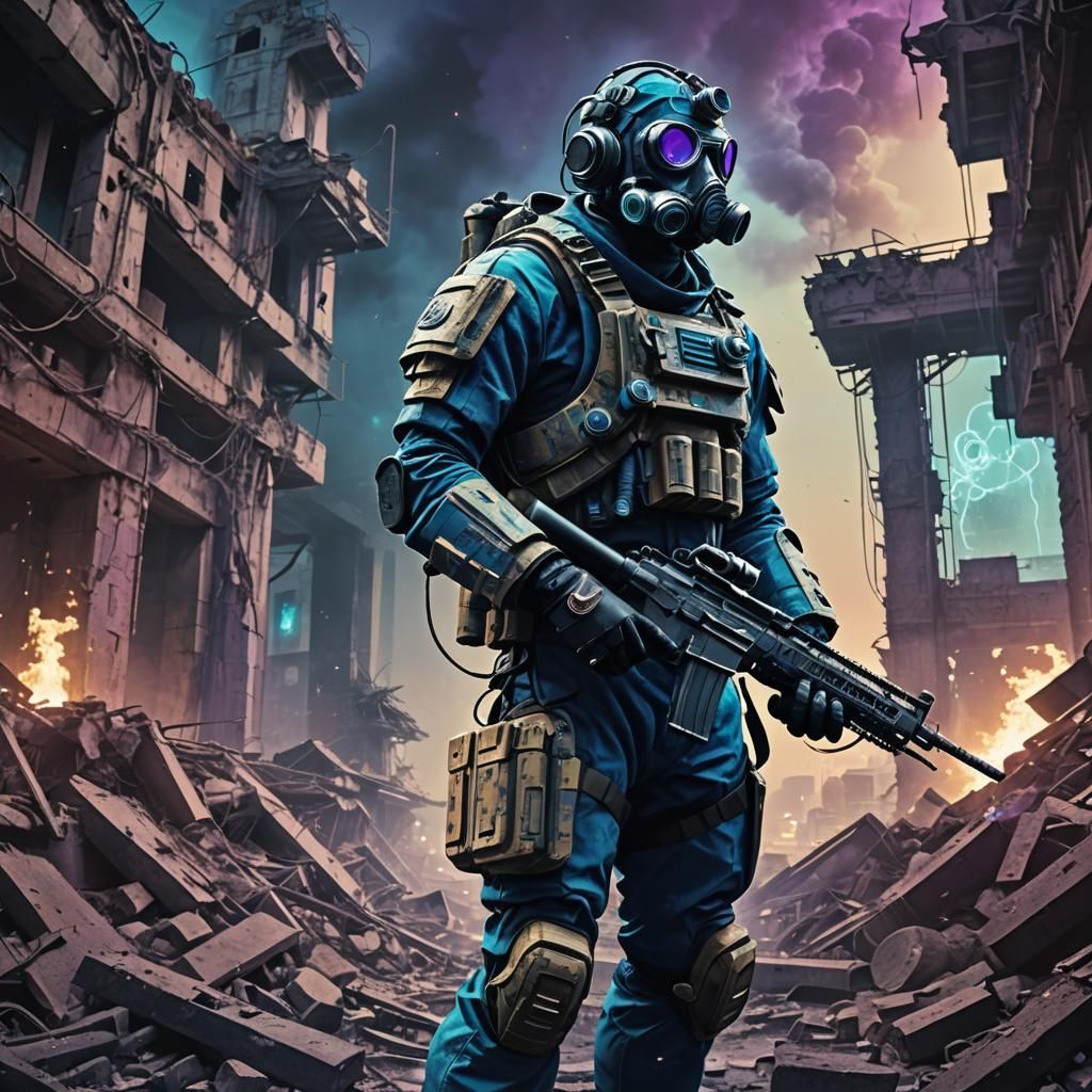 Cyberpunk Soldier in Ruins with Futuristic Weapon