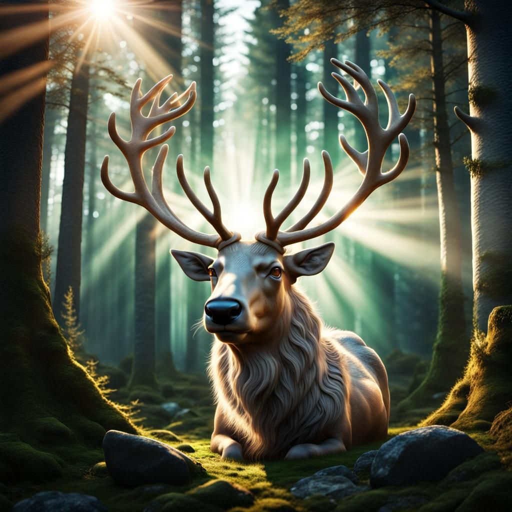 Majestic Reindeer in Celtic Circle at Sunrise