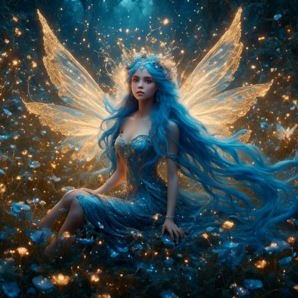 Blue-Haired Fairy Flying in Sparkle Meadow
