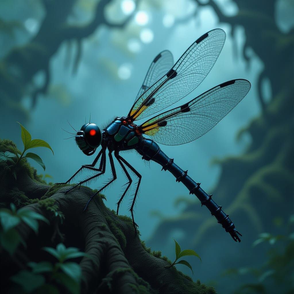 Gothic Metal Dragonfly in Dark Forest, Hyperrealistic Art