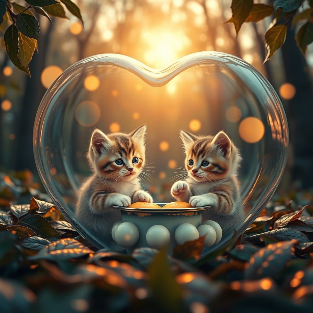 Kittens' Breakfast Inside Glass Heart: Oil Painting