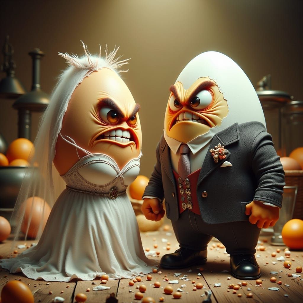 An Angry Egg bride and groom trying to smile while an Angry ...