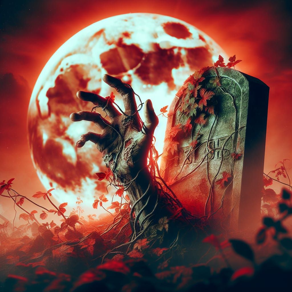 Decaying Zombie Hand Reaching from Tombstone