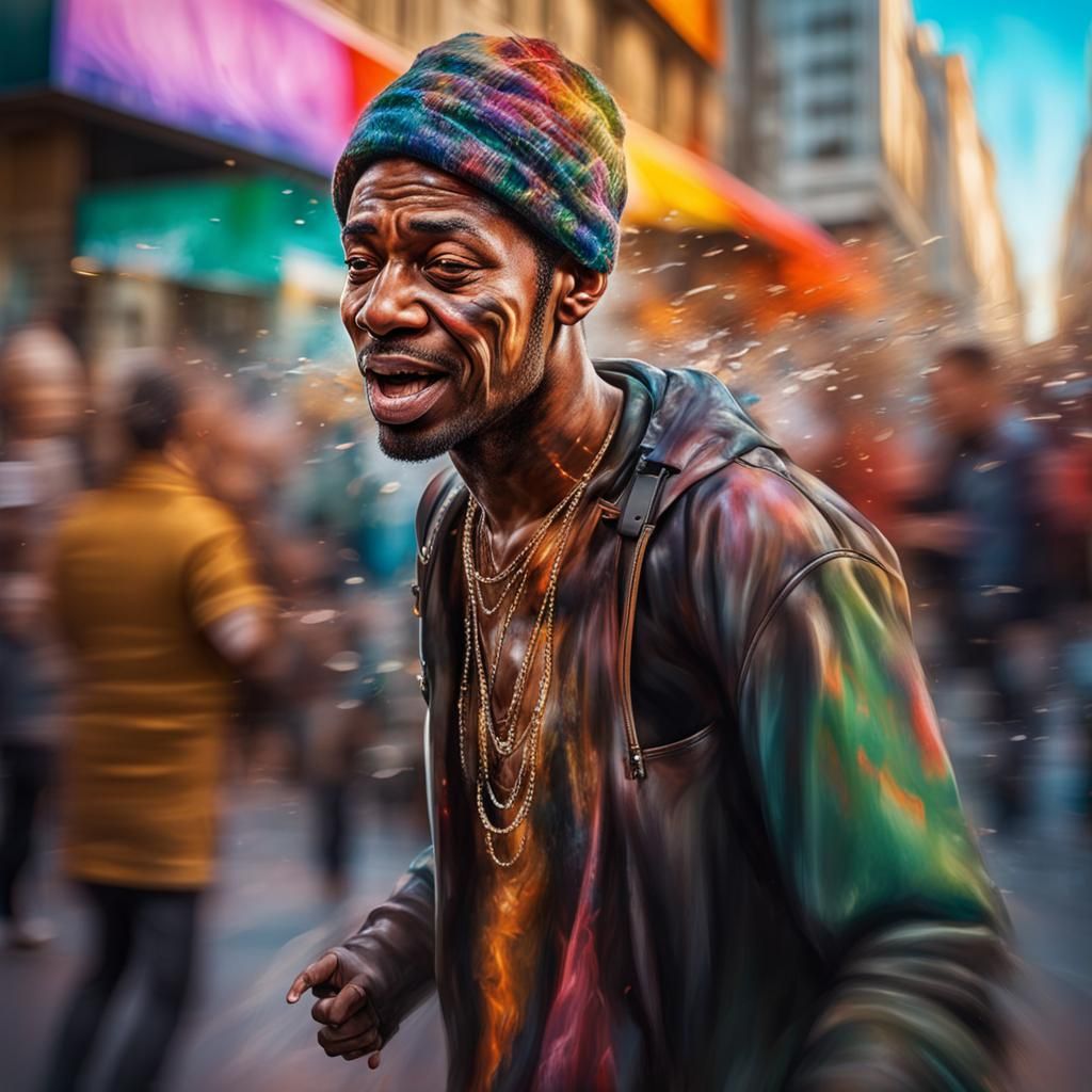 Hyperrealistic Portrait of Street Performer in Action