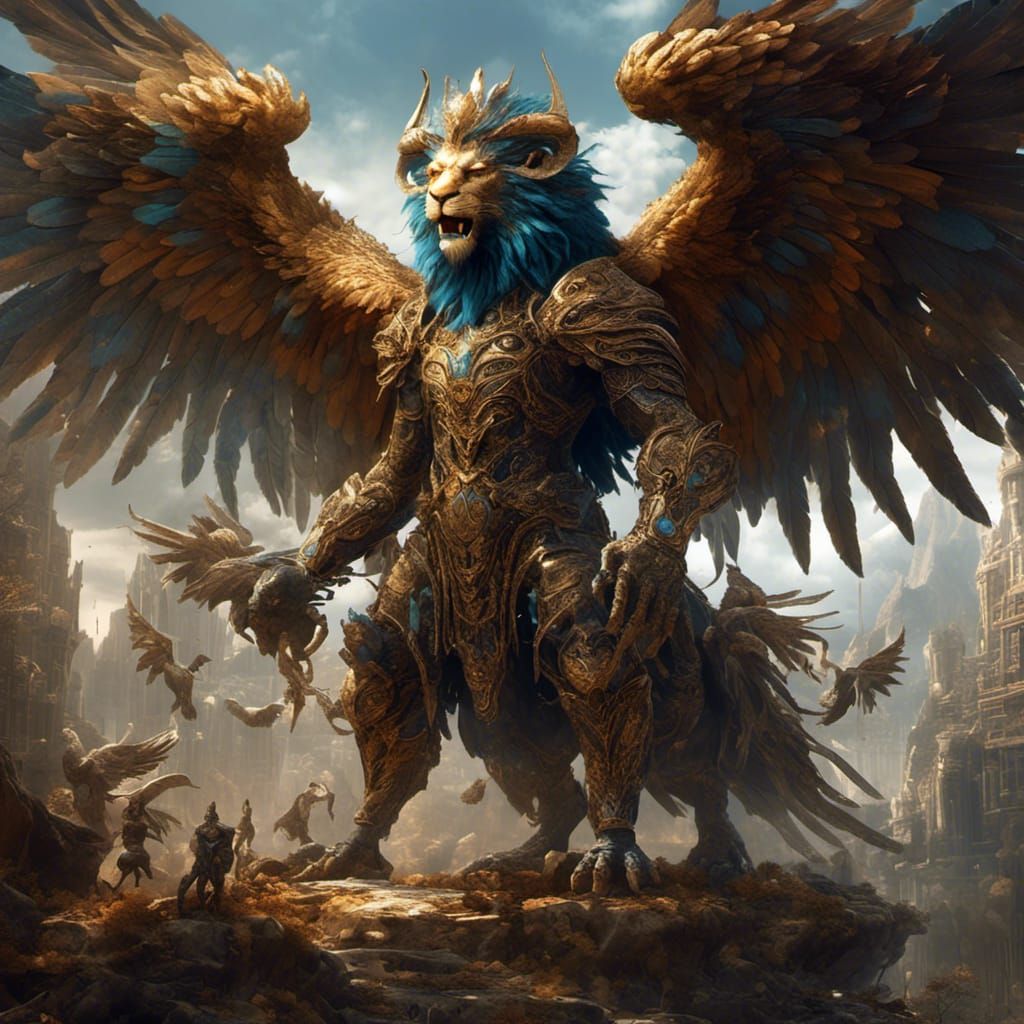 Detailed Four-Faced Monster with Wings and Hooves