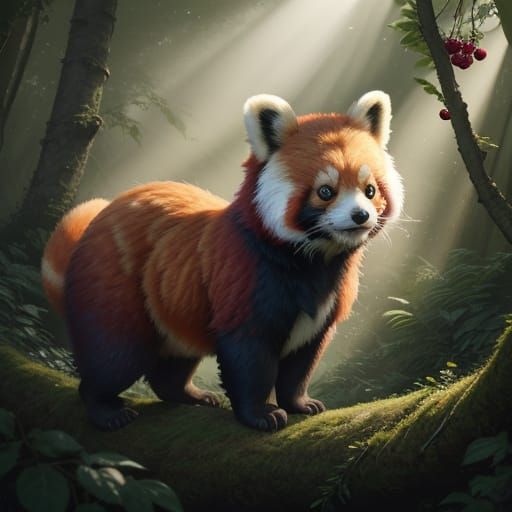 Red Panda Eating Fruit in Dappled Sunlight