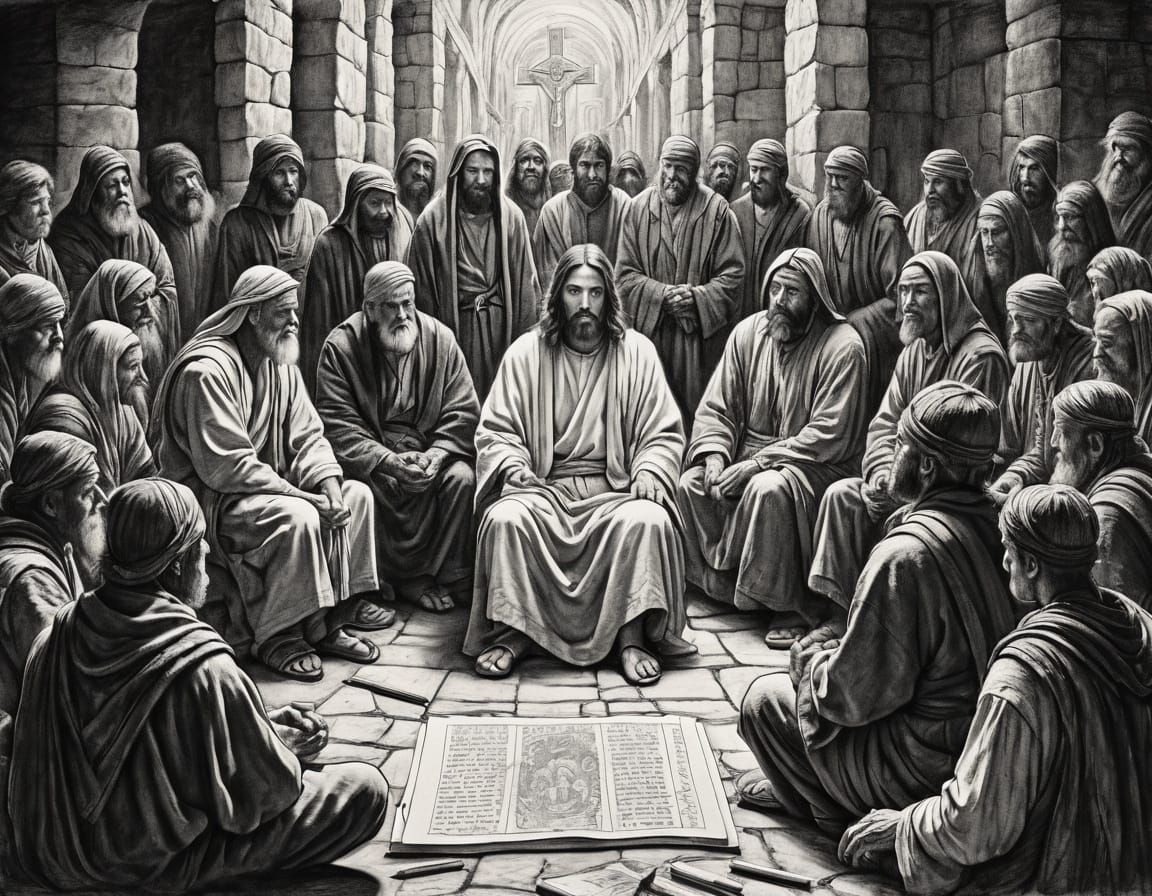 Jesus Teaching Repentant People: Charcoal Sketch