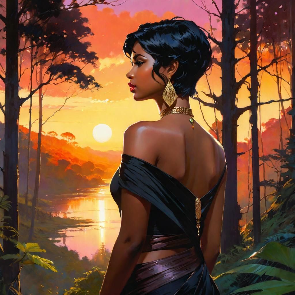 Woman in Forest at Sunset, Ink Splash Art