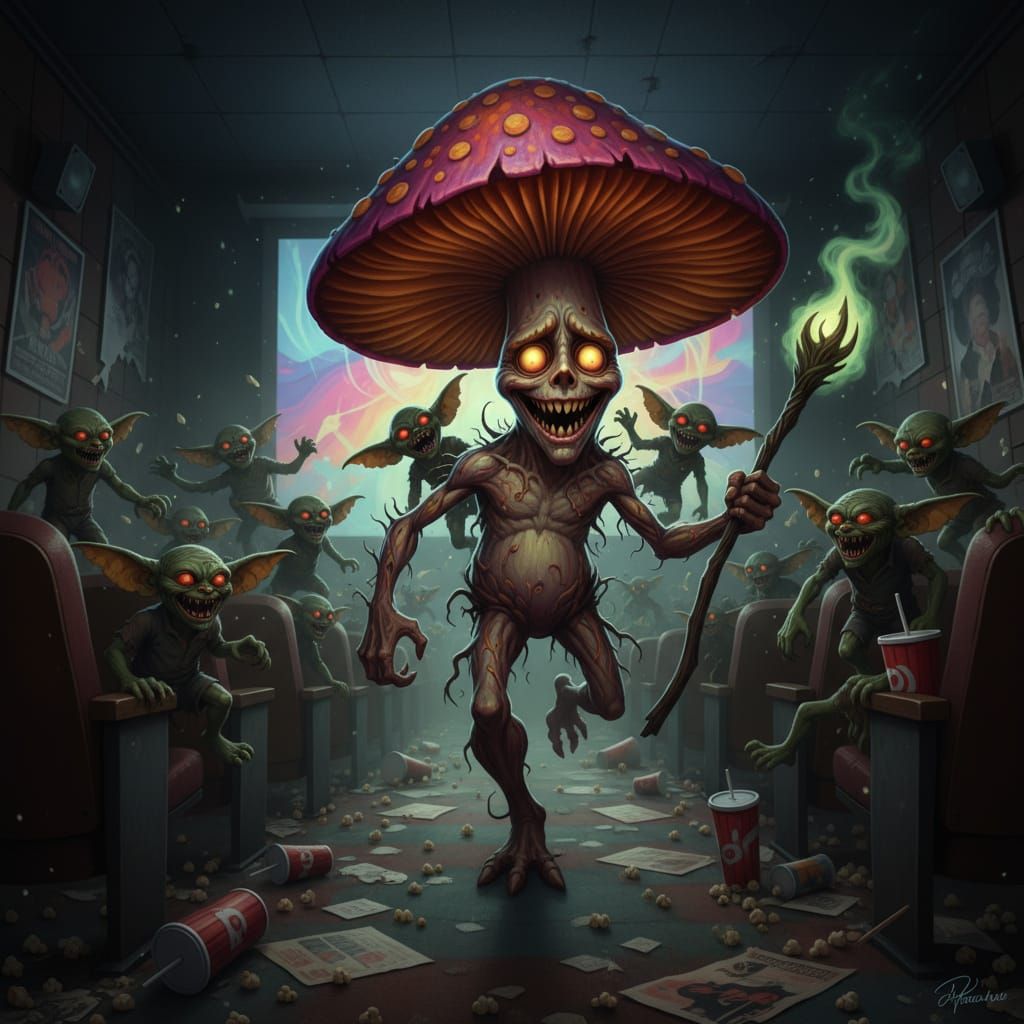A Crazy Anthropomorphic Mushroom running from crazy green gr...