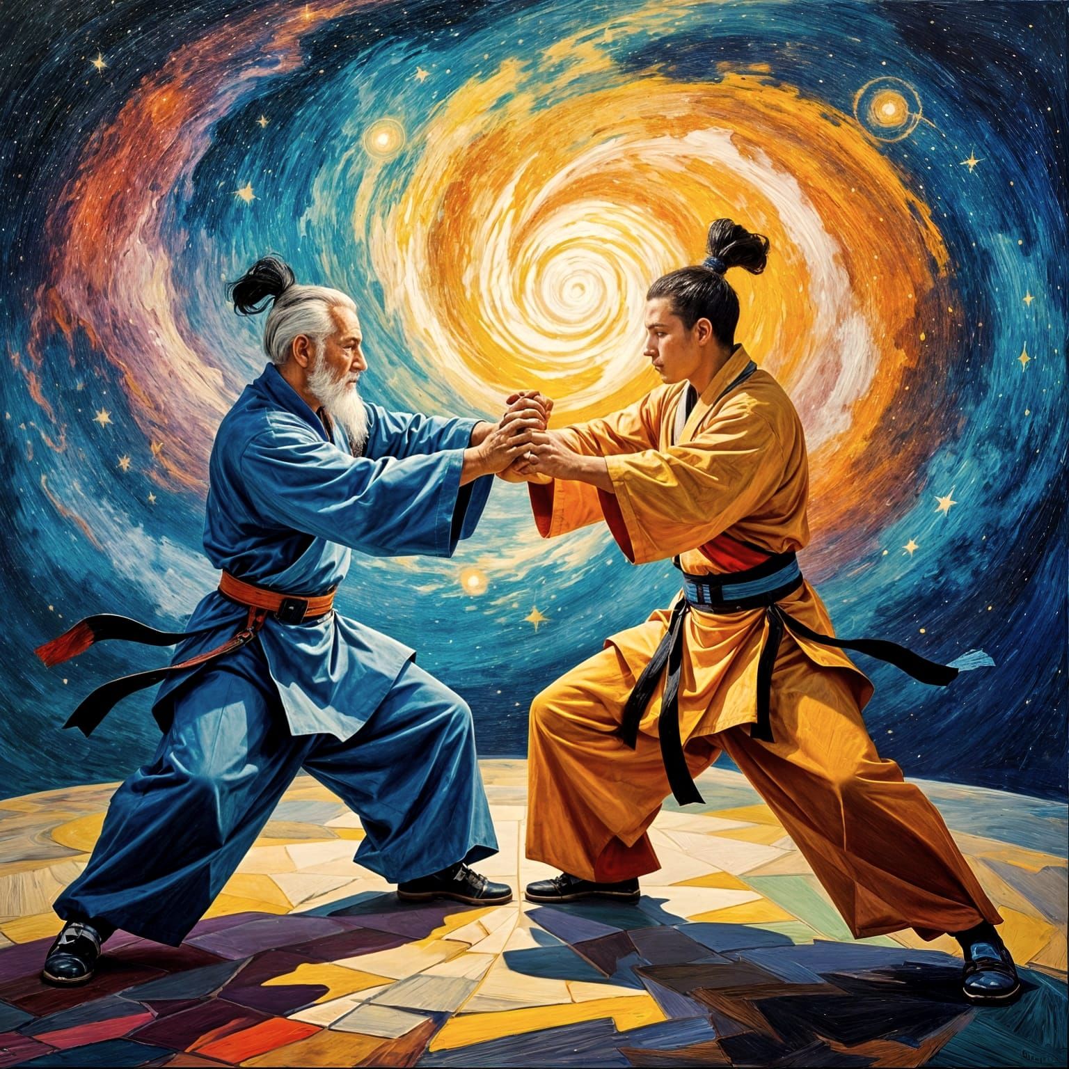 Picasso-Inspired Martial Arts Masters in Cosmic Battle
