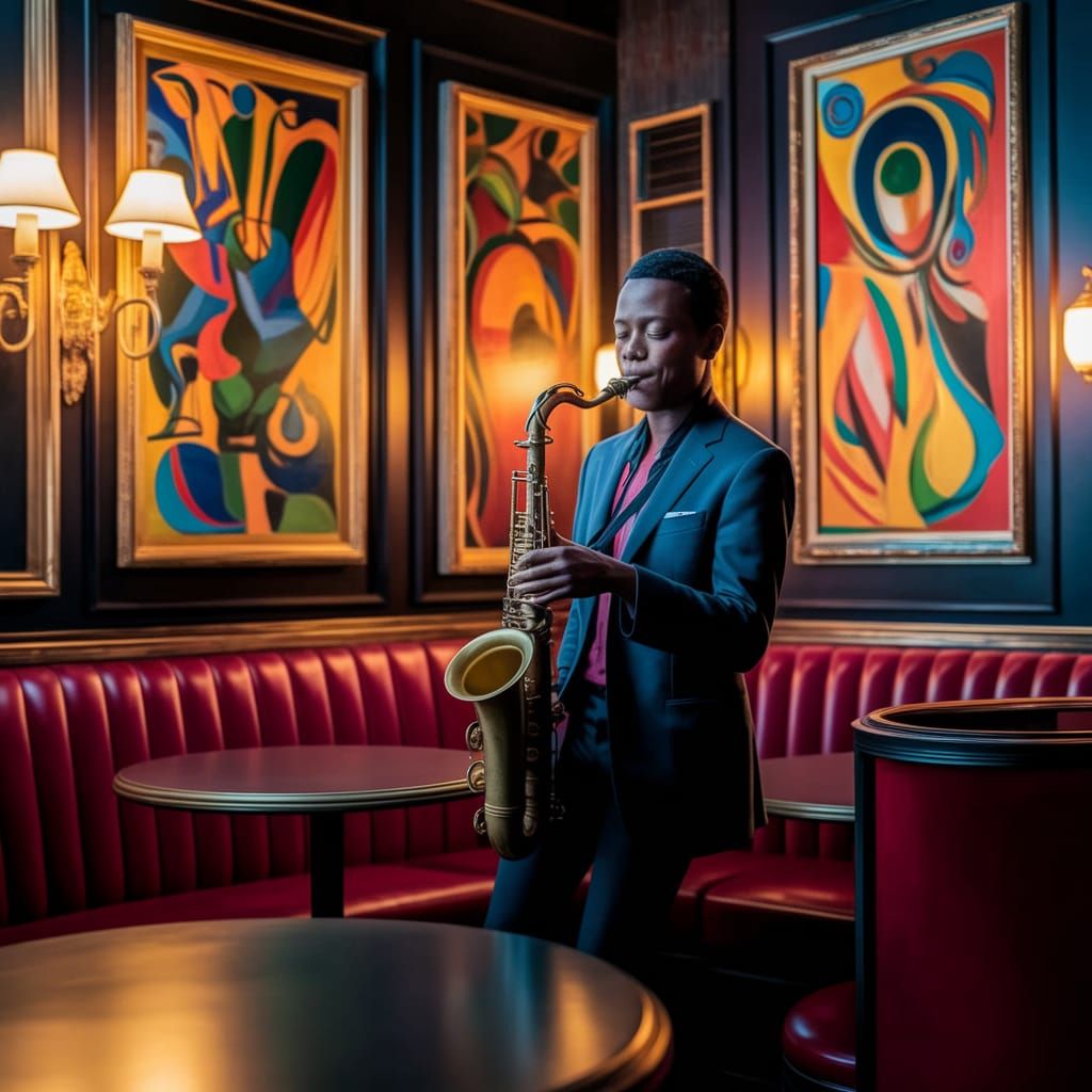 Jazz Musician in Art Deco Bar with Fauvist Art