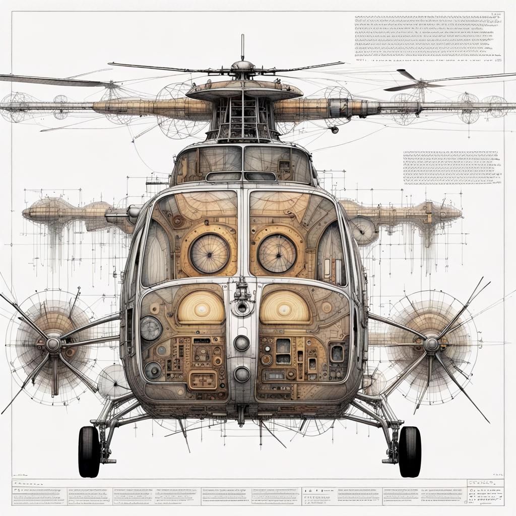 Exploded Symmetrical Wireframe Schematic of Helicopter