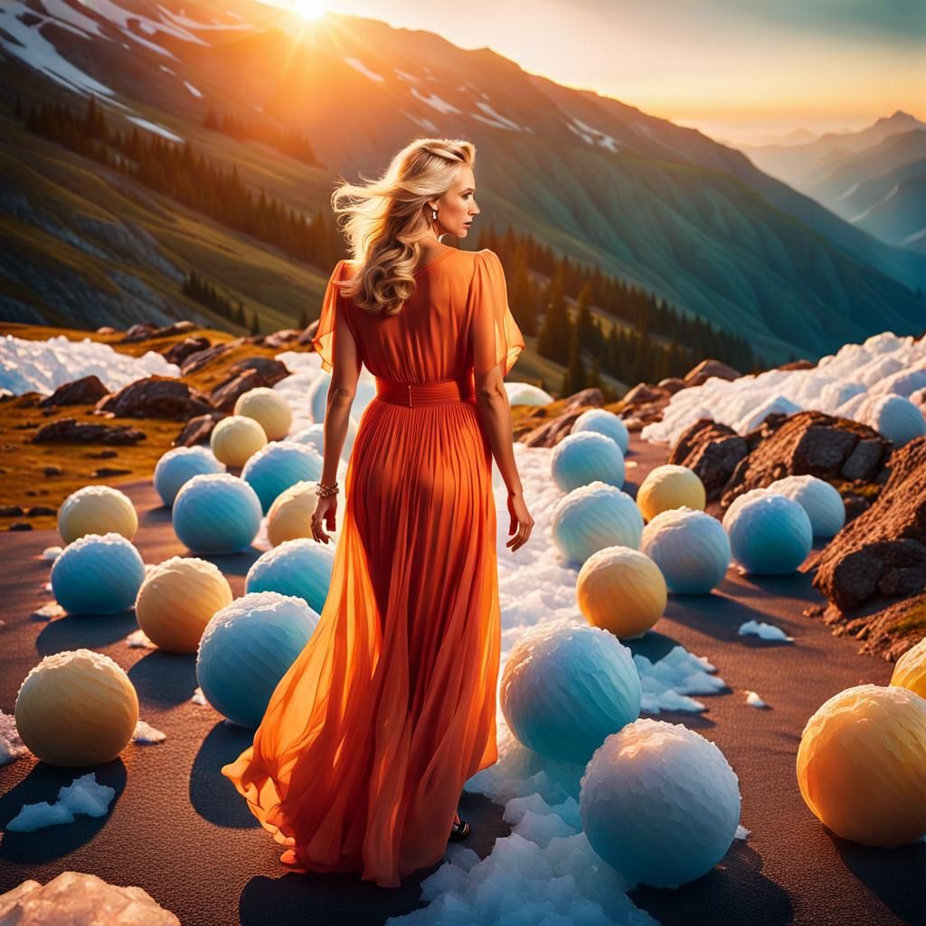 Blonde Giant on Ice Cream Balls in Mountains