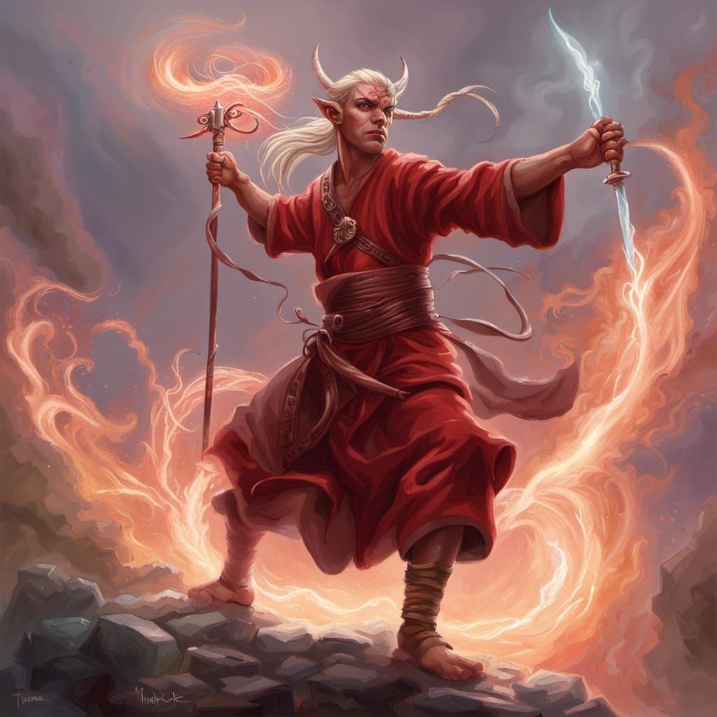 Tiefling Monk with Staff in Ethereal Fantasy Style