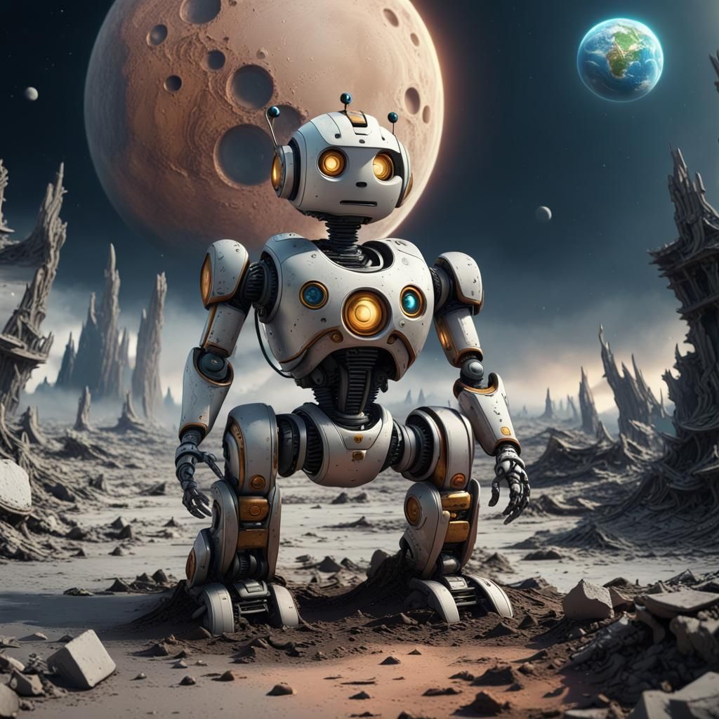 Robot on Moon Gazing at Earth's Destruction