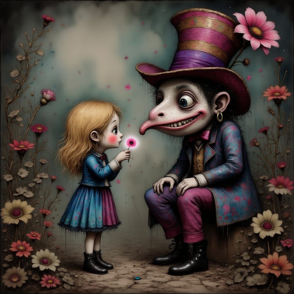 Alice in Wonderland's Dark Wonderland Scene in Whimsical Ink...