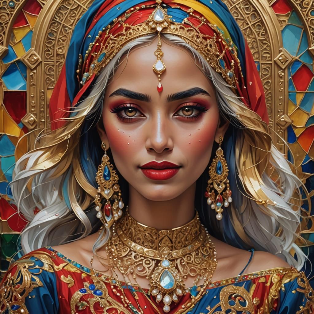 Muslim Woman with Rainbow Hair and Golden Tears