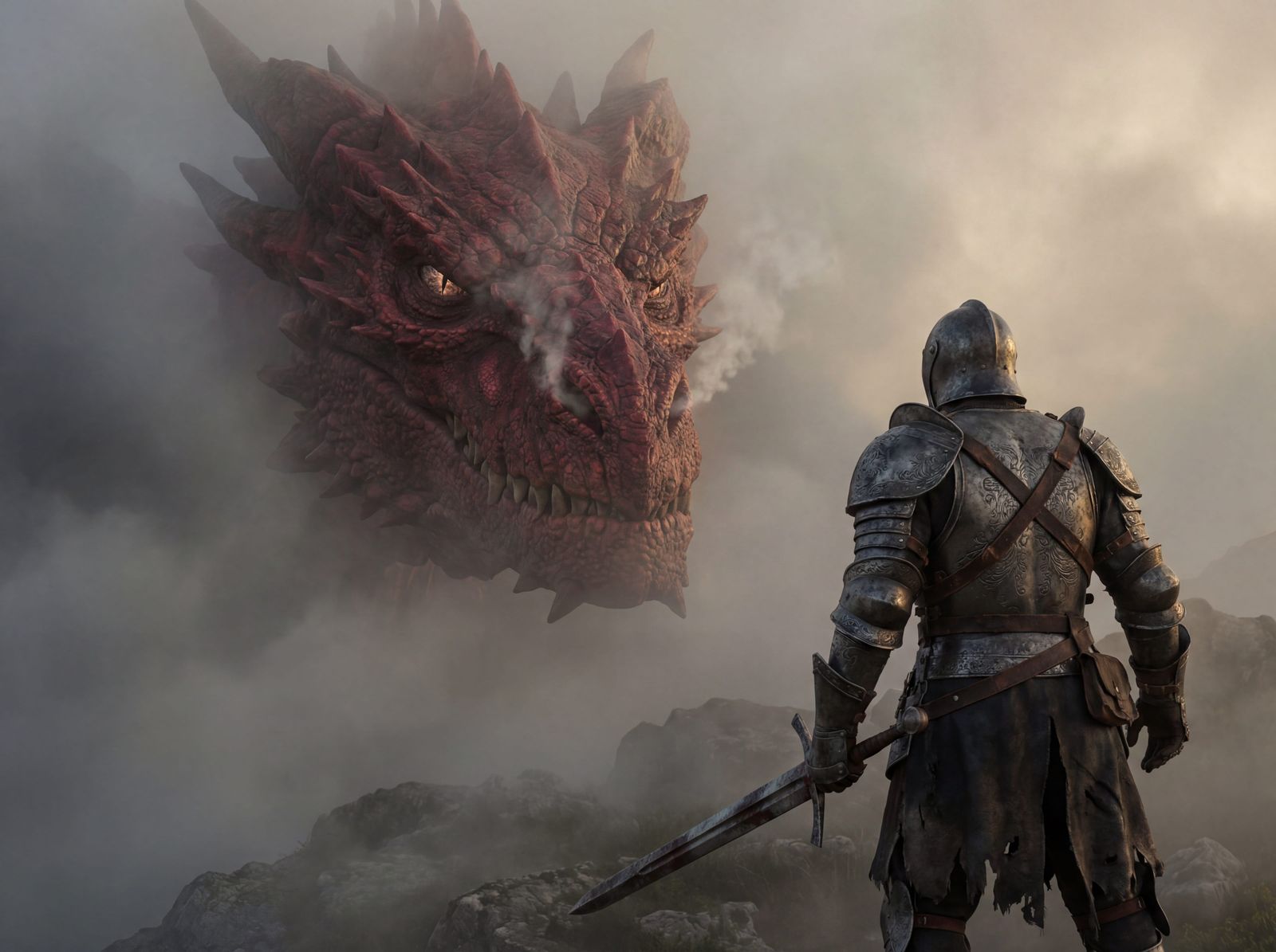 Massive Red Dragon Emerges from Fog to Face Warrior