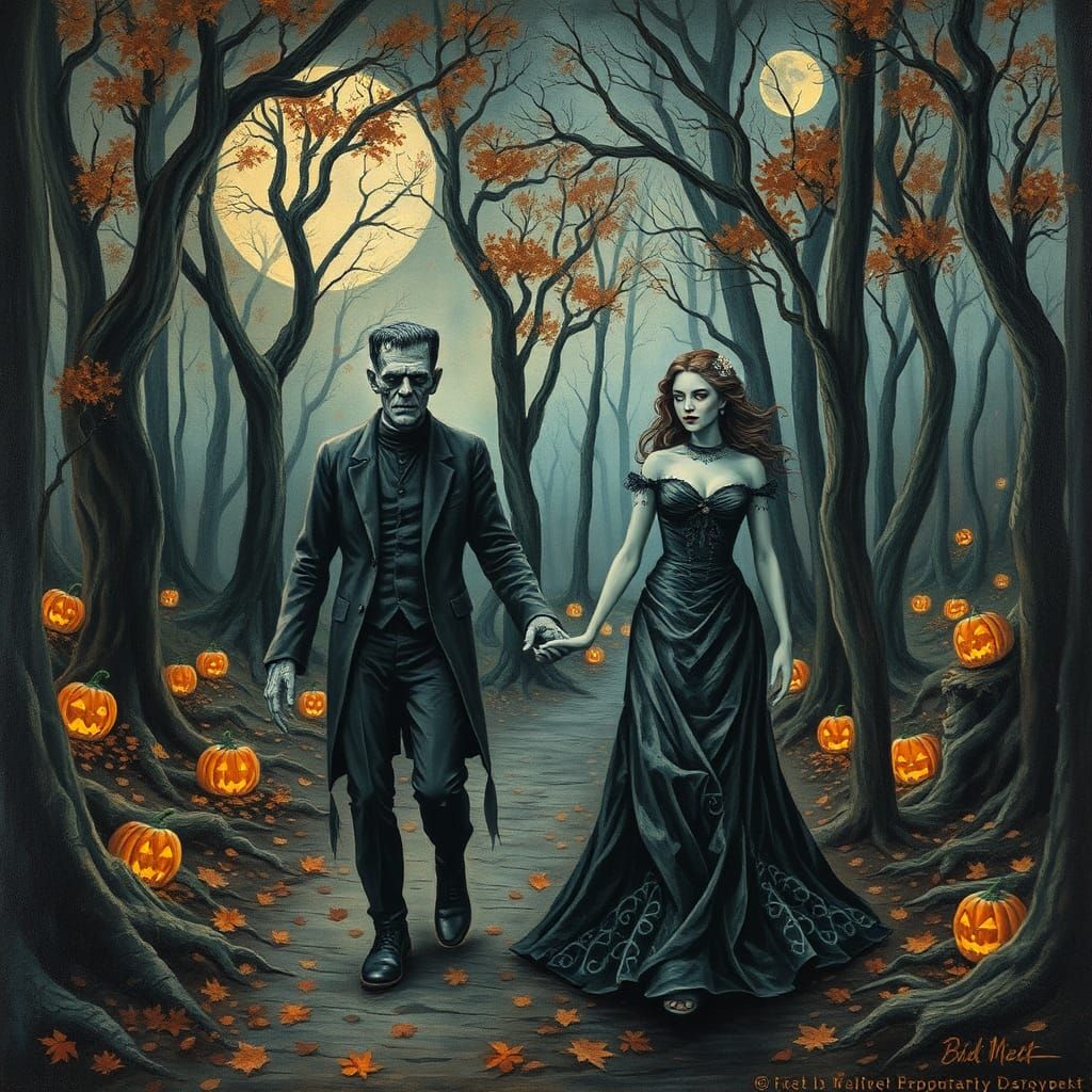 Frankenstein's Monster and Bride in Autumnal Forest