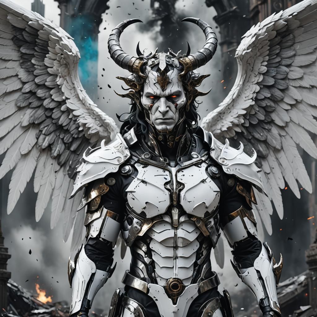 Futuristic Angel with Horns and Ruptured Wings