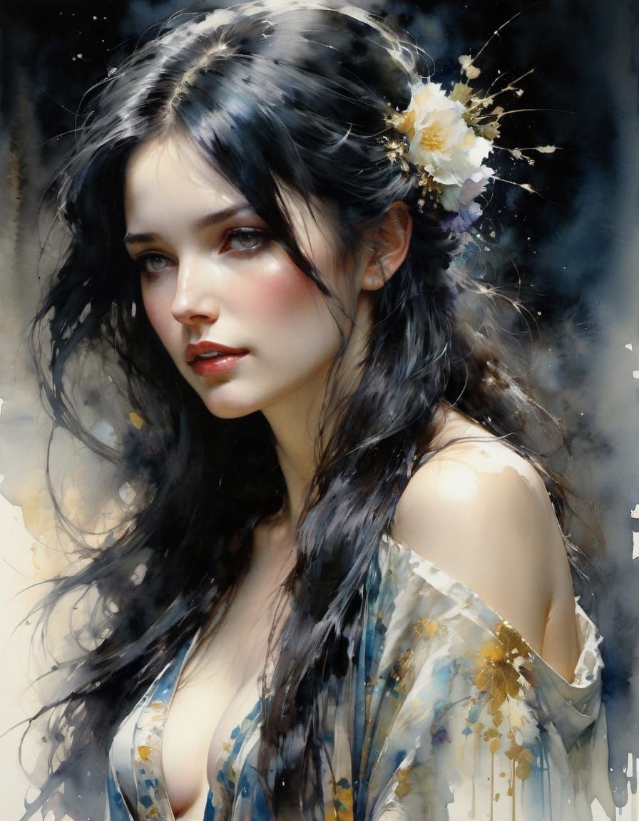 Stunning Watercolor Portrait of a Woman in Silk Robe