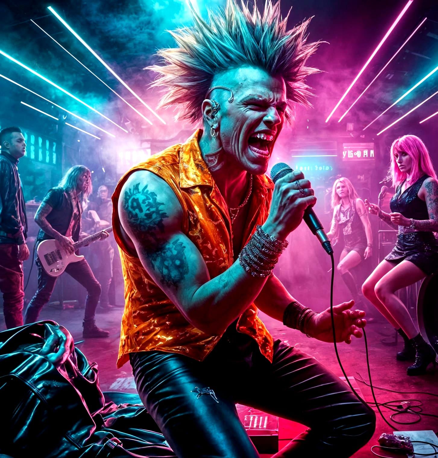 Punk Rockers Unleash Chaos in a Neon-Lit Urban Bar