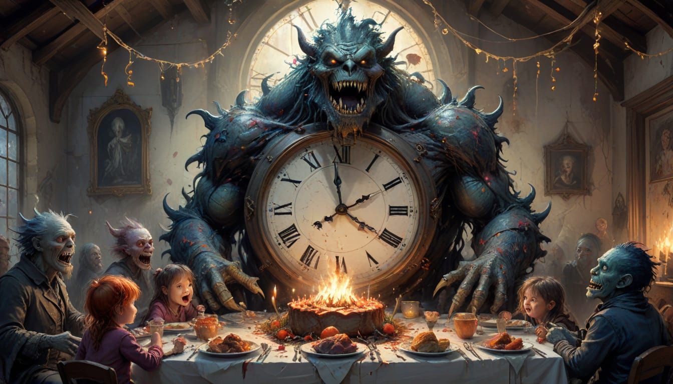 Cute Monsters Celebrate New Year's Eve in Watercolor Style