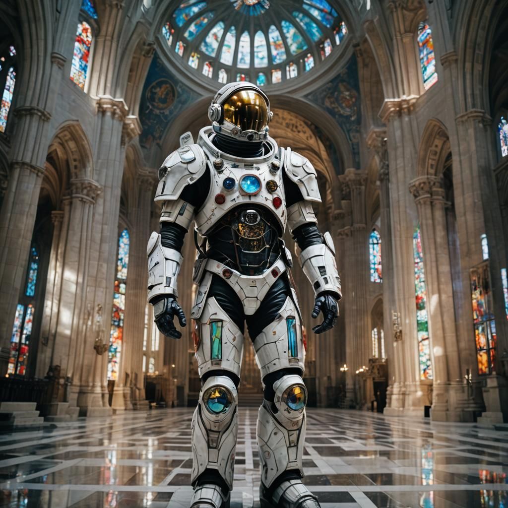 Biomechanical Astronaut in Cathedral, Film Noir Style