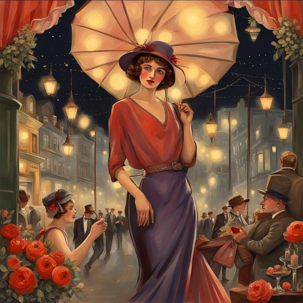 Romantic Evening in 1920s Lively Streets
