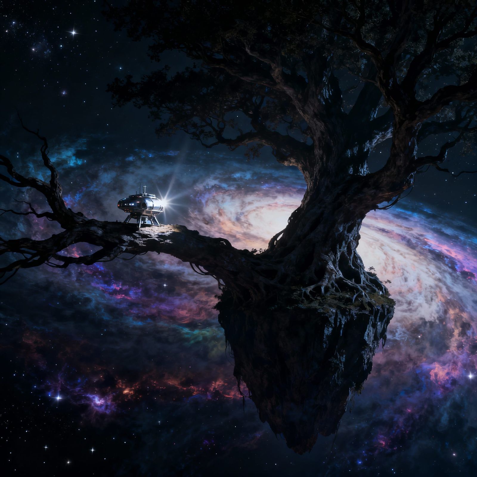 Cosmic Tree on Floating Island in Nebula Ocean