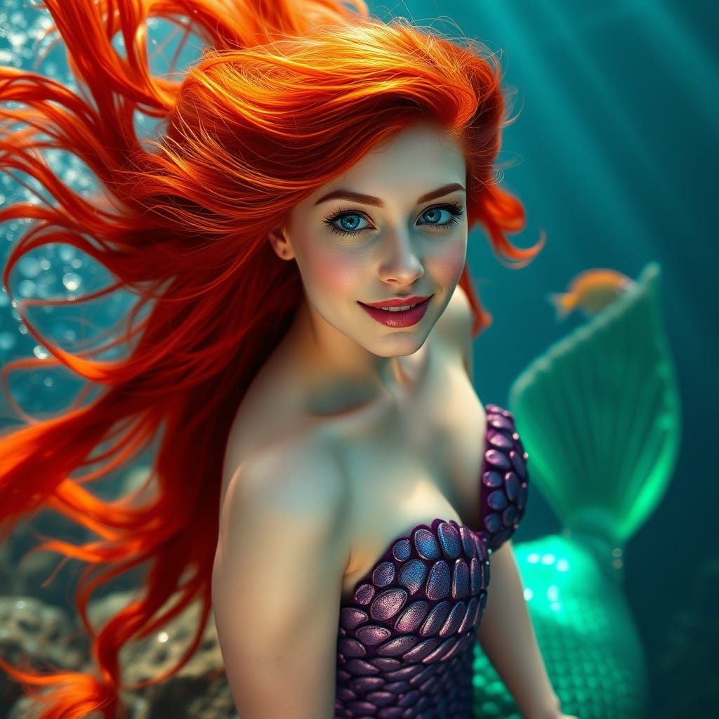 Sensual Mermaid with Flaming Red Hair in Vibrant Oceanic Col...