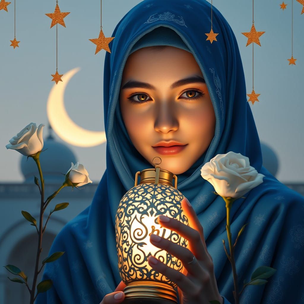 Serene Young Woman in Blue Hijab with Golden Lantern and Cre...