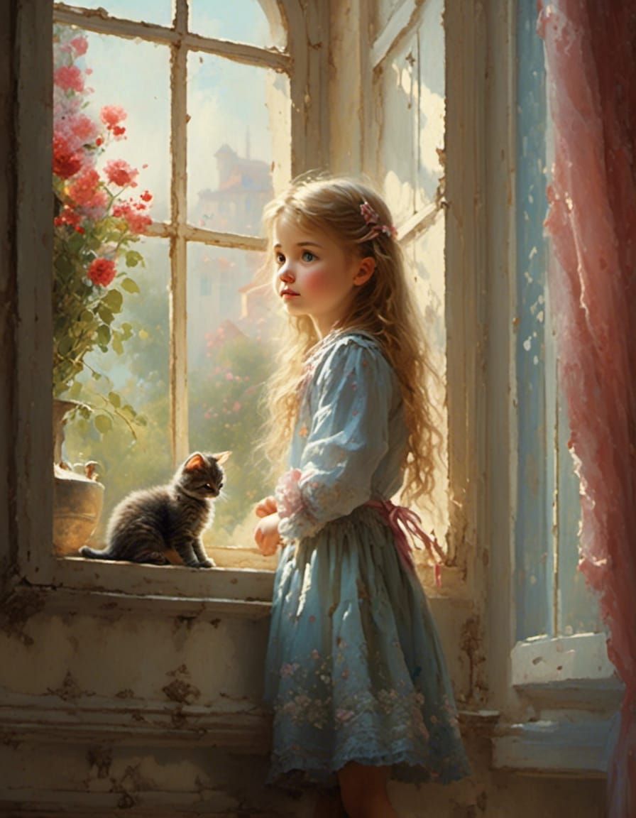 Girl and Kitten Looking Out Window