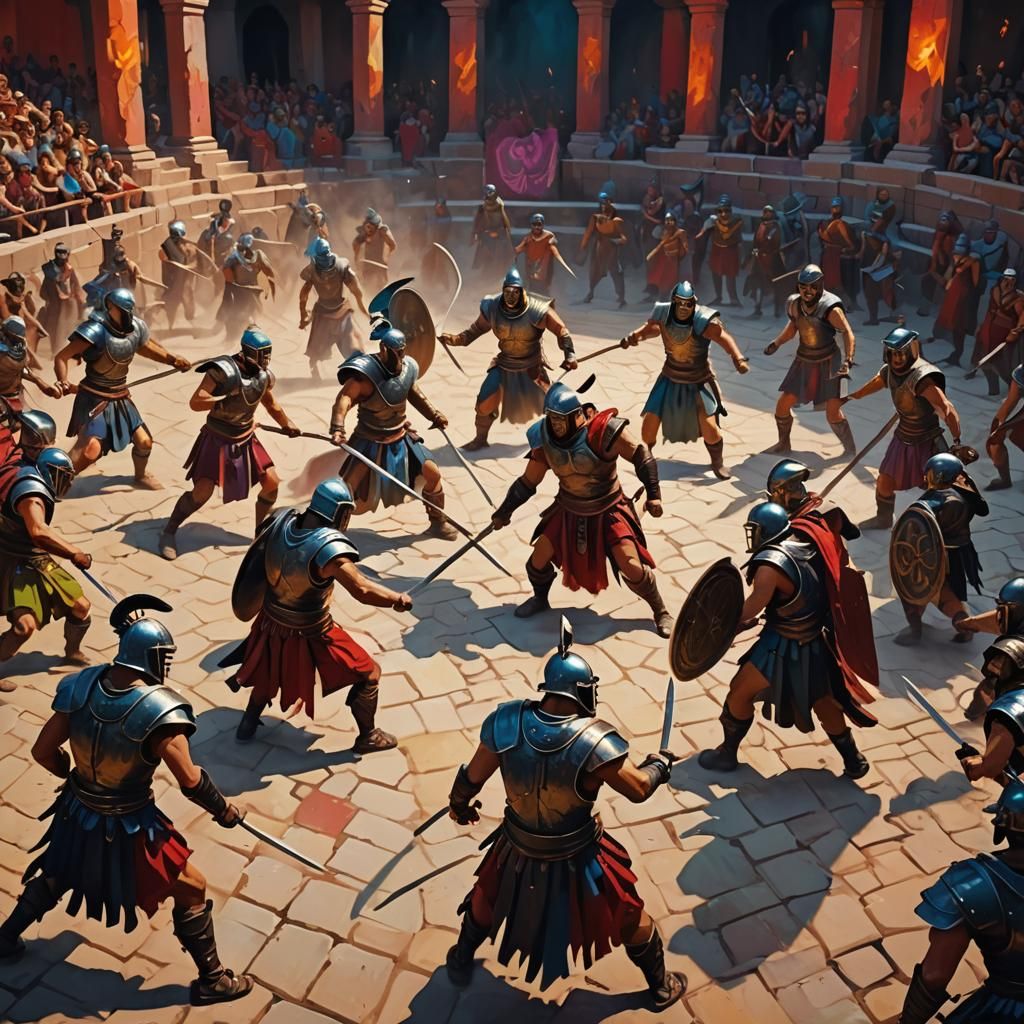 YouTubers Battle in Gladiatorial Arena: Oil Painting