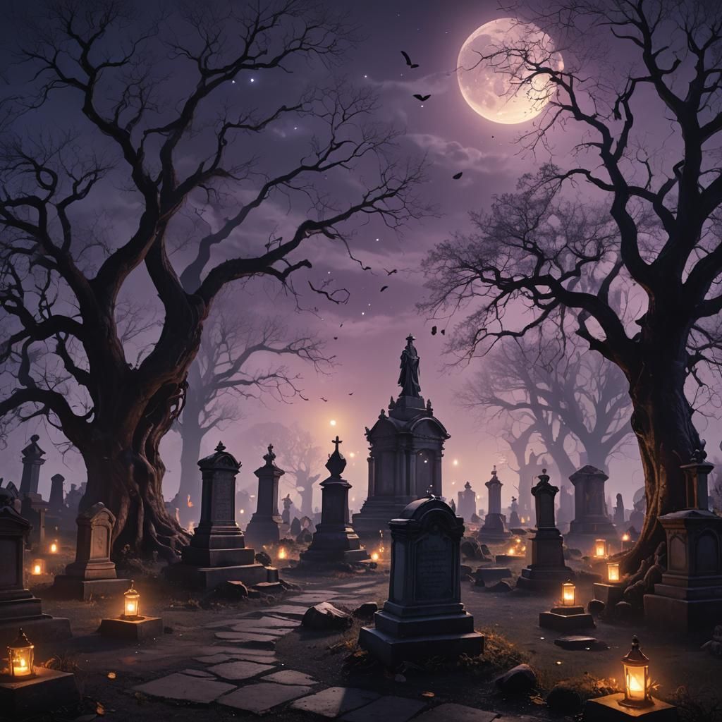 Moonlit Cemetery Fantasy Art in Eerie Style