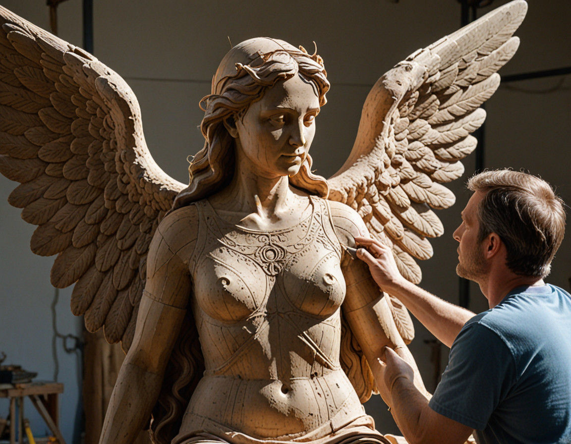 Sculptor Works on Terra-cotta Angel Statue in Studio