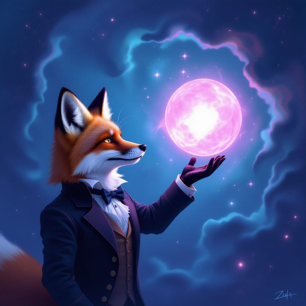 Mysterious Fox Reaches for Cosmic Orb in Dreamlike Painting
