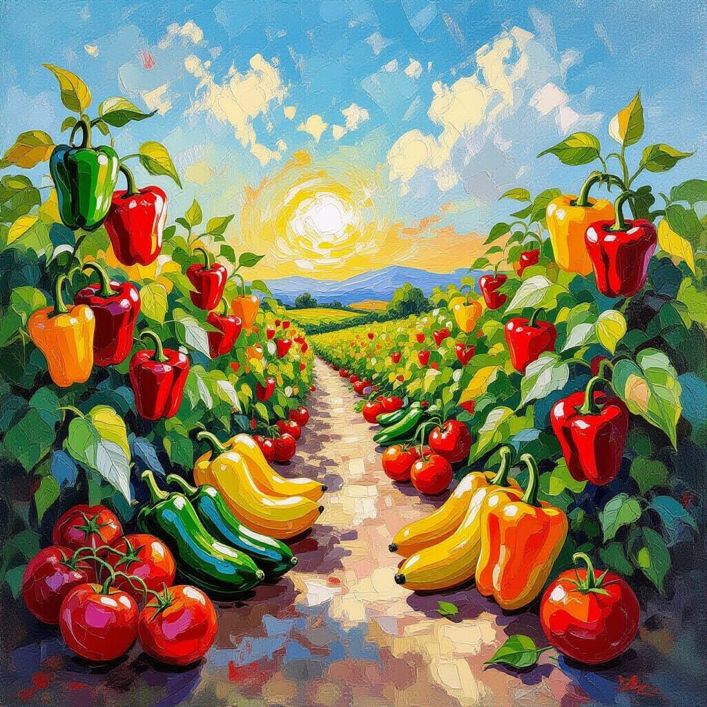 Vibrant Vegetable Garden Oil Painting in Neo-Impressionist S...