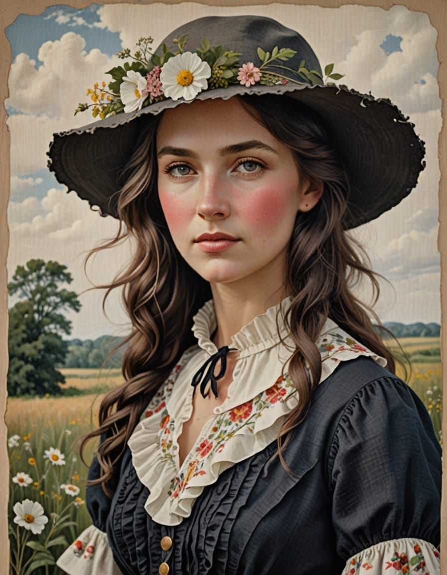 Prairie Woman Portrait in Floral Linen Dress