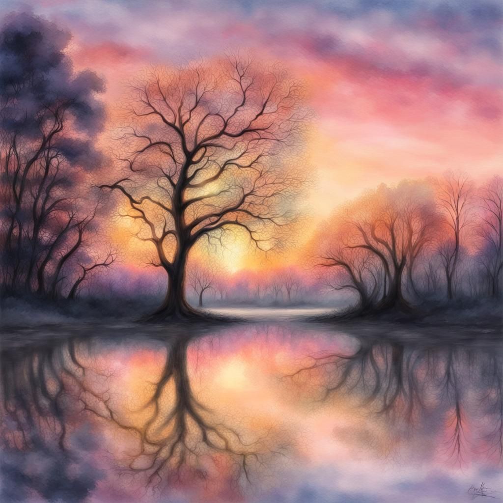 Pastel Sunrise with Tree Silhouette in Watercolor Style