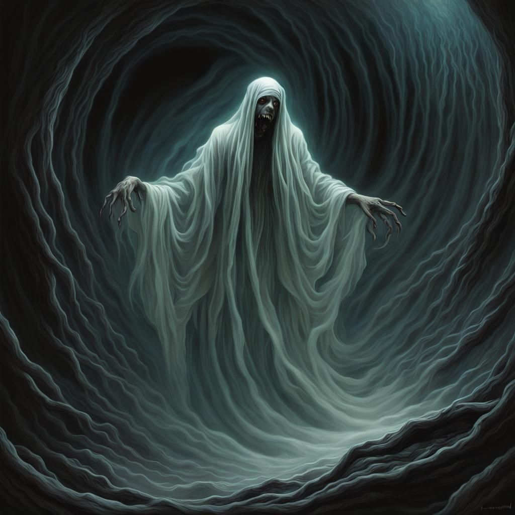 Dark fairy tale, Lovecraftian illustration of a ghost glowin...