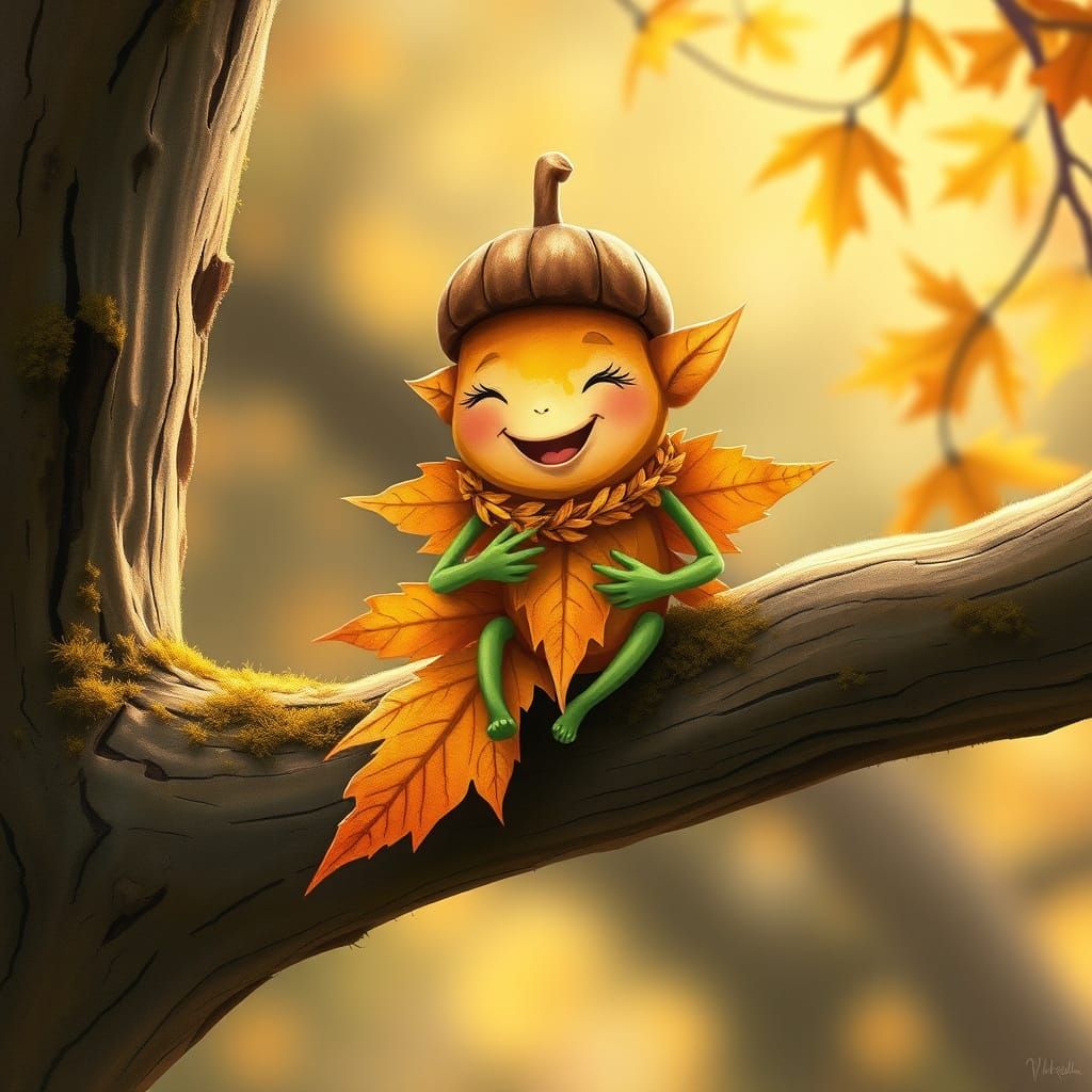 Whimsical Autumn Leaf Creature in Cozy, Mystical World