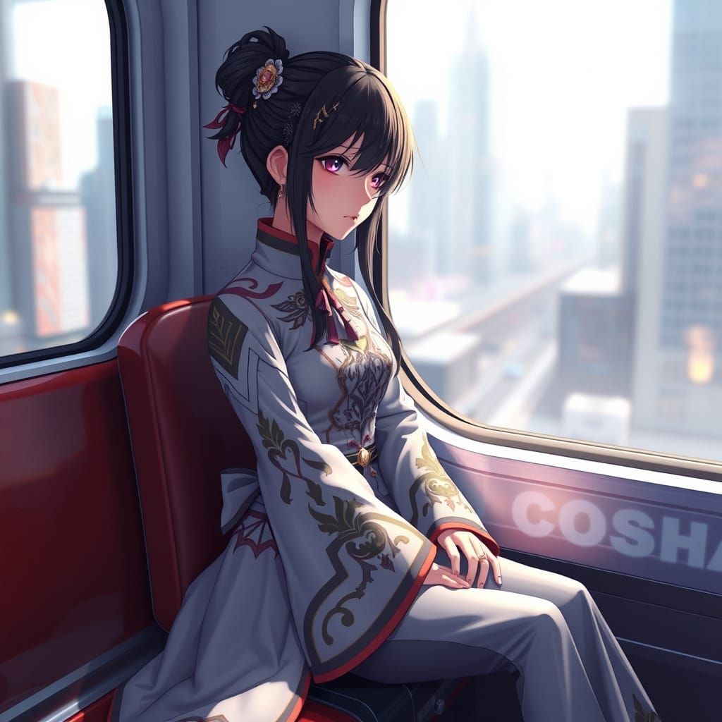 Young Woman Lost in Thought on Futuristic Train