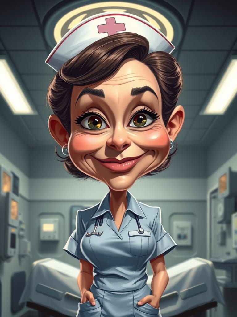 Humorous Nurse Caricature with Exaggerated Features
